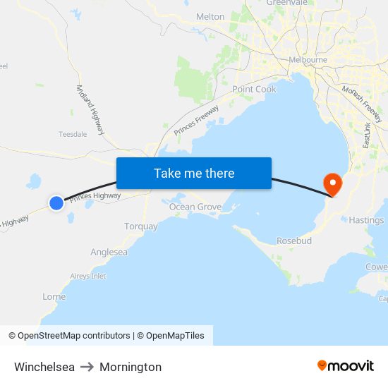 Winchelsea to Mornington map