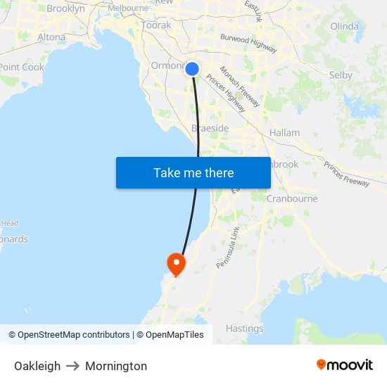 Oakleigh to Mornington map