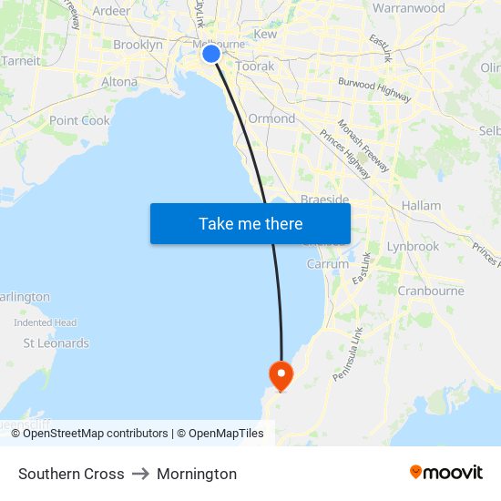 Southern Cross to Mornington map