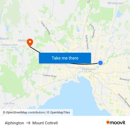 Alphington to Mount Cottrell map