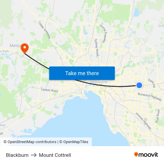 Blackburn to Mount Cottrell map