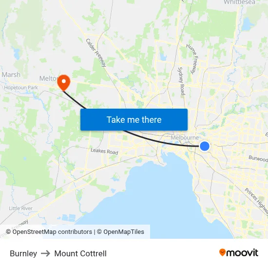 Burnley to Mount Cottrell map