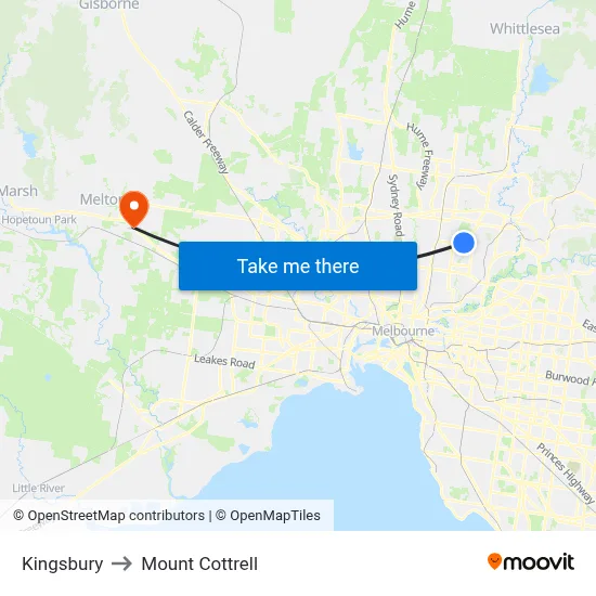 Kingsbury to Mount Cottrell map