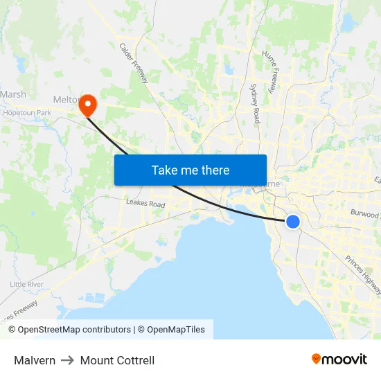 Malvern to Mount Cottrell map