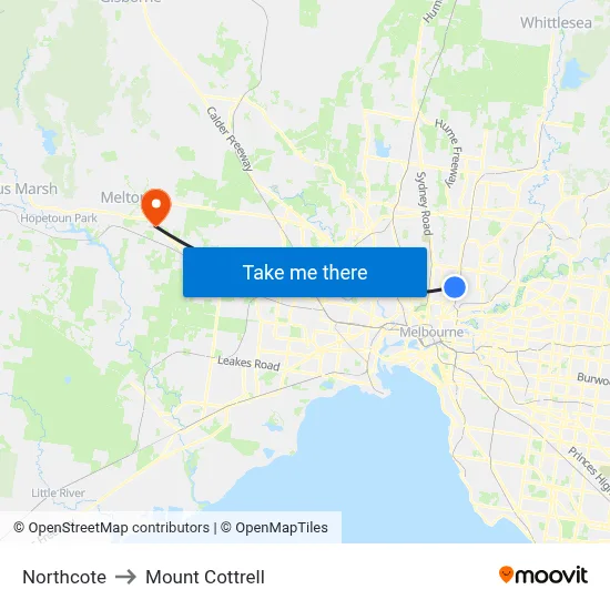 Northcote to Mount Cottrell map