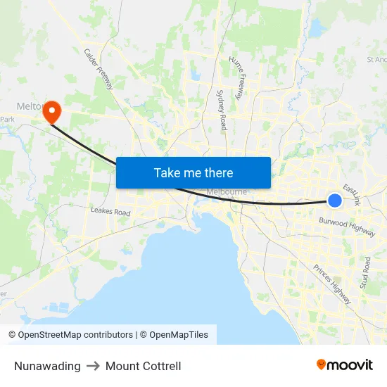 Nunawading to Mount Cottrell map