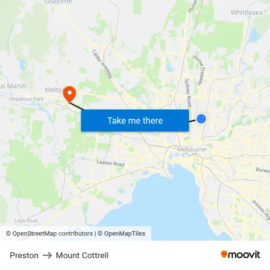 Preston to Mount Cottrell map