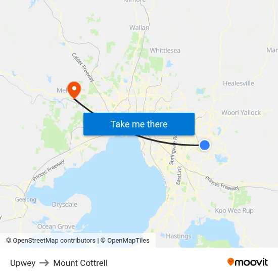Upwey to Mount Cottrell map