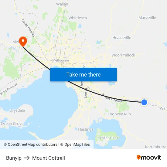 Bunyip to Mount Cottrell map