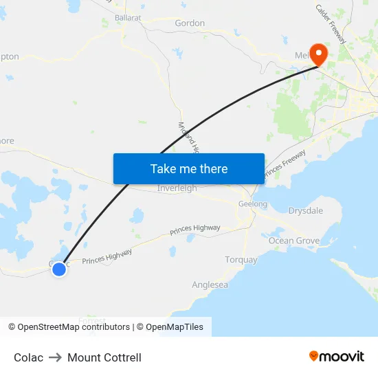 Colac to Mount Cottrell map