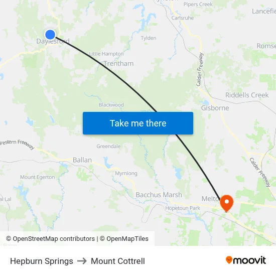 Hepburn Springs to Mount Cottrell map