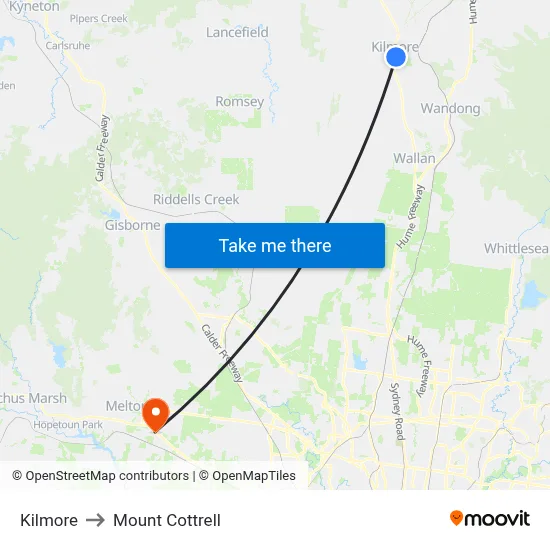 Kilmore to Mount Cottrell map