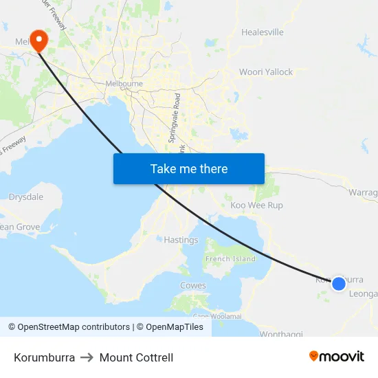 Korumburra to Mount Cottrell map