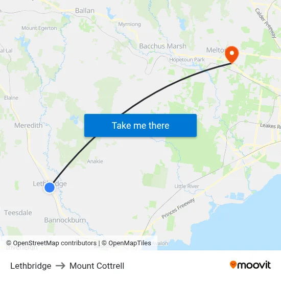 Lethbridge to Mount Cottrell map