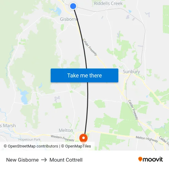 New Gisborne to Mount Cottrell map
