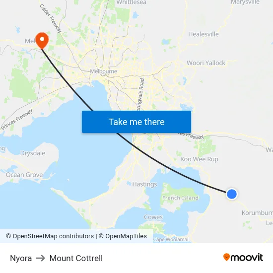 Nyora to Mount Cottrell map
