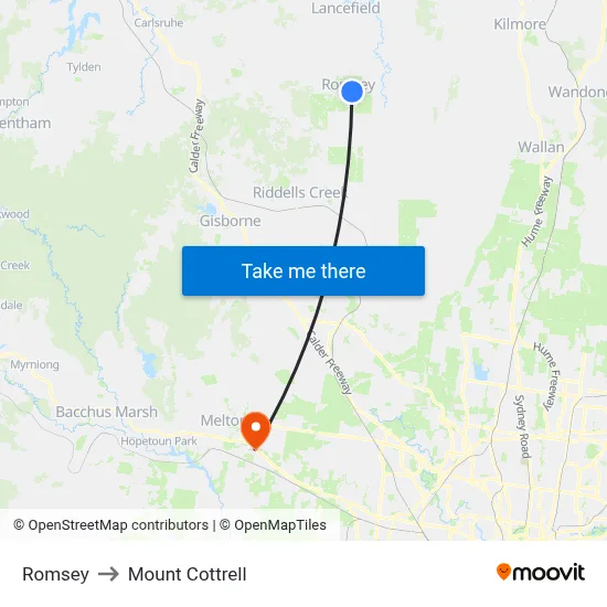 Romsey to Mount Cottrell map