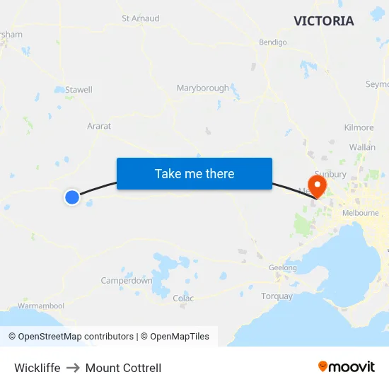 Wickliffe to Mount Cottrell map