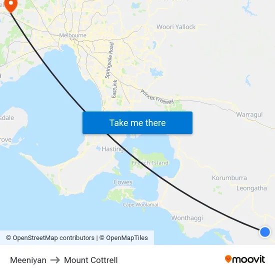 Meeniyan to Mount Cottrell map