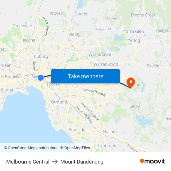 Melbourne Central to Mount Dandenong map