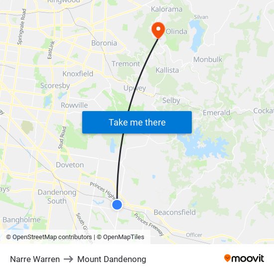 Narre Warren to Mount Dandenong map