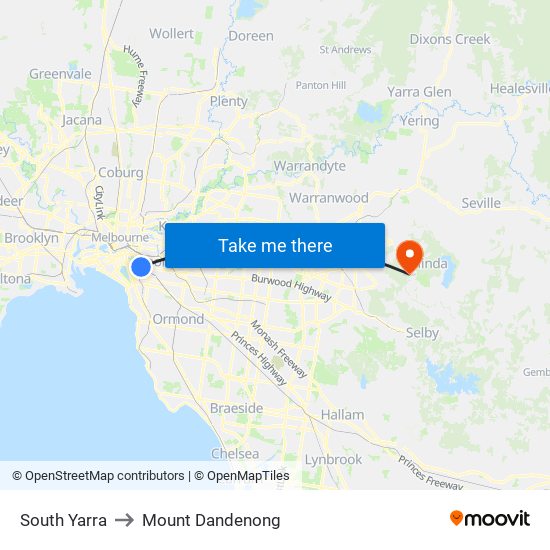 South Yarra to Mount Dandenong map