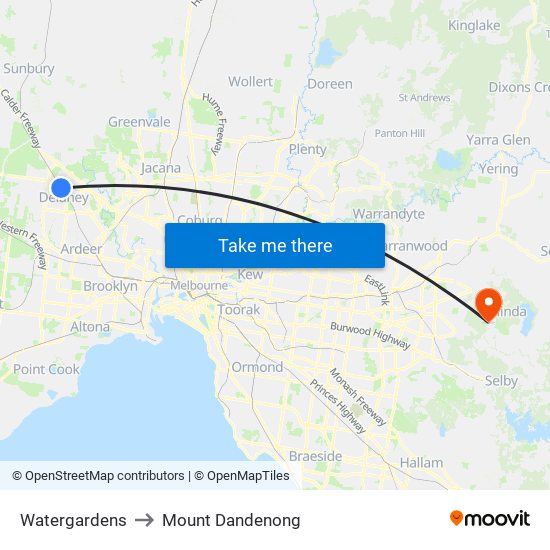 Watergardens to Mount Dandenong map