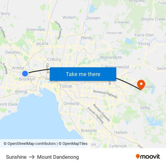 Sunshine to Mount Dandenong map