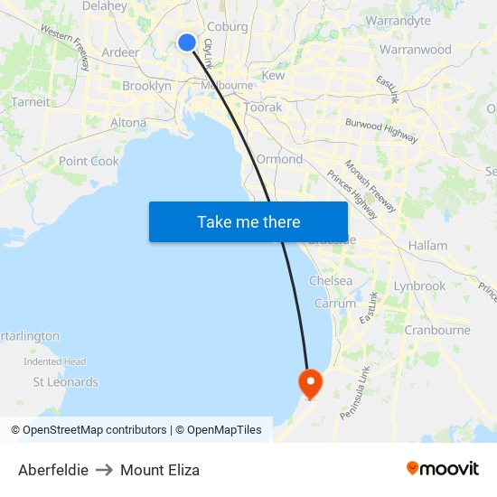 Aberfeldie to Mount Eliza map