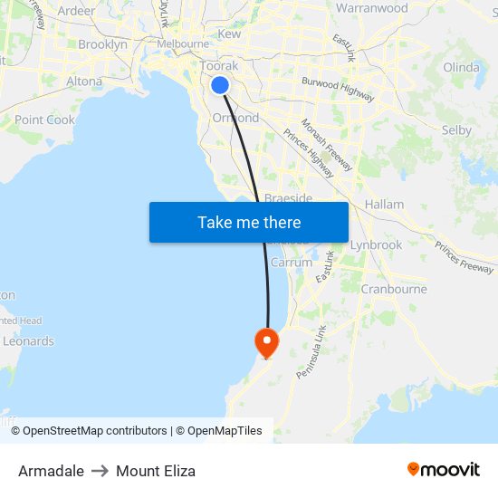 Armadale to Mount Eliza map