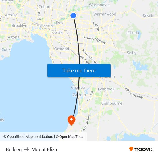 Bulleen to Mount Eliza map