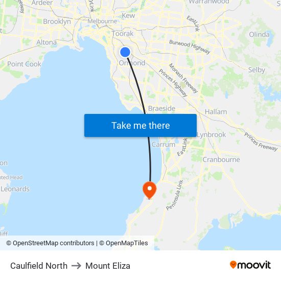 Caulfield North to Mount Eliza map