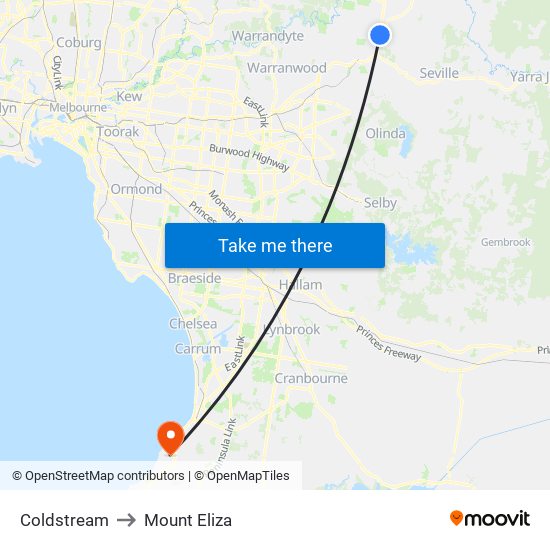 Coldstream to Mount Eliza map