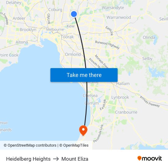 Heidelberg Heights to Mount Eliza map