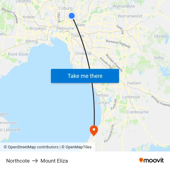 Northcote to Mount Eliza map