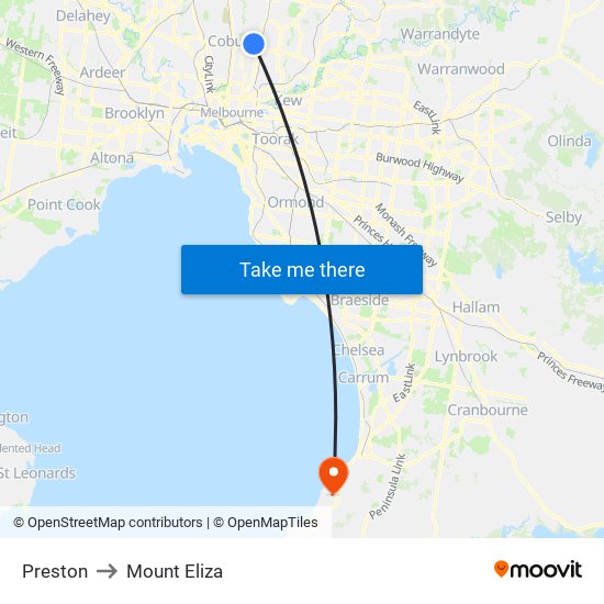 Preston to Mount Eliza map