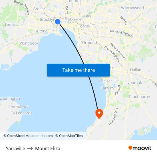 Yarraville to Mount Eliza map