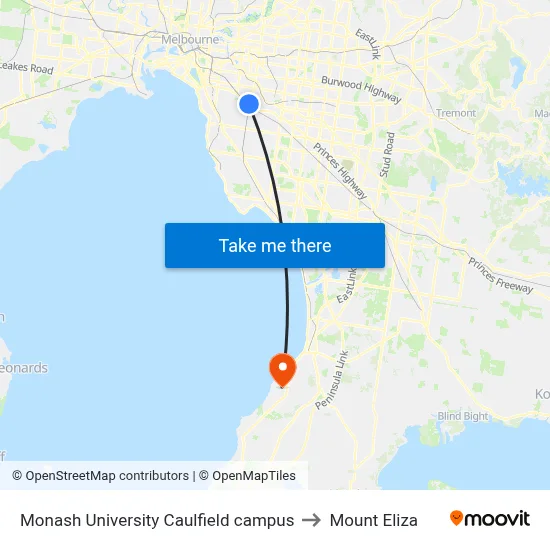Monash University Caulfield campus to Mount Eliza map