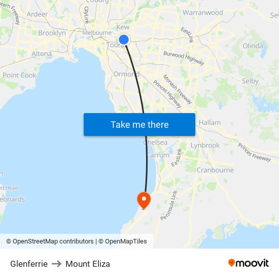 Glenferrie to Mount Eliza map