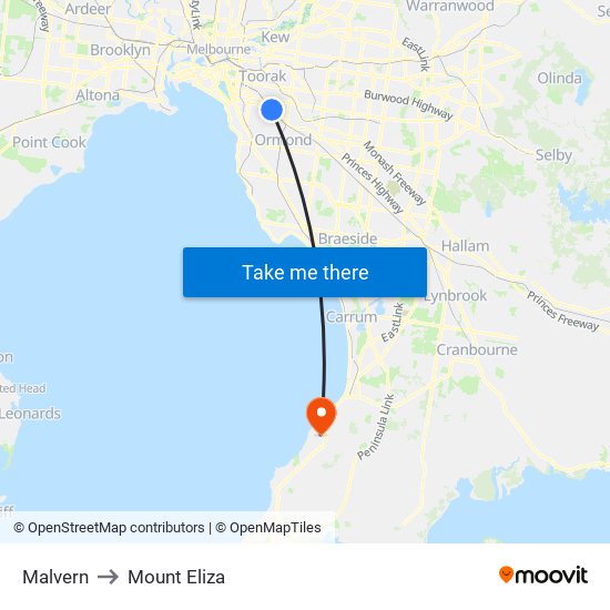 Malvern to Mount Eliza map