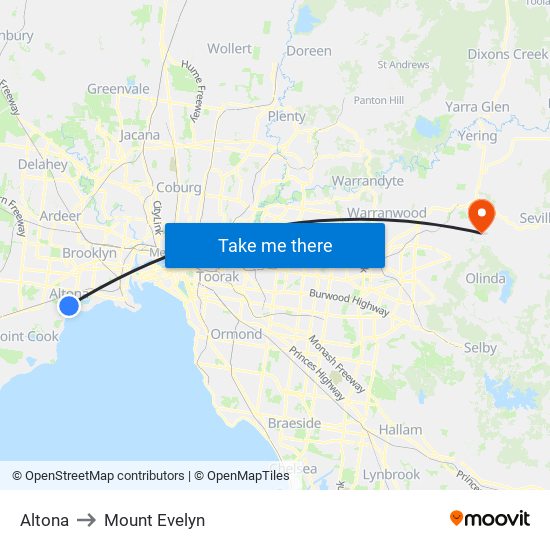 Altona to Mount Evelyn map