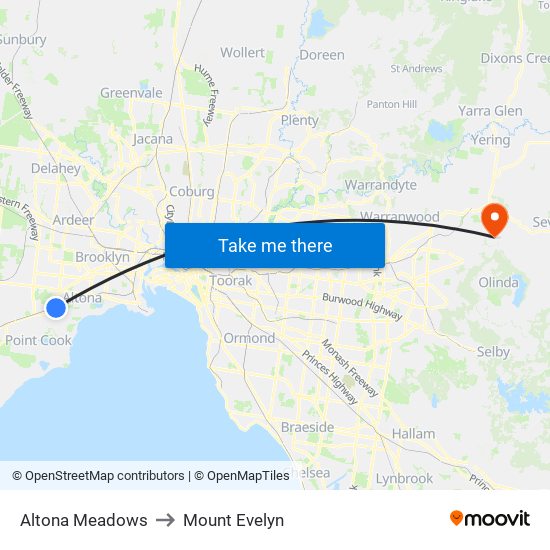 Altona Meadows to Mount Evelyn map