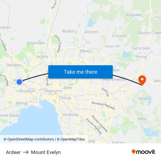 Ardeer to Mount Evelyn map