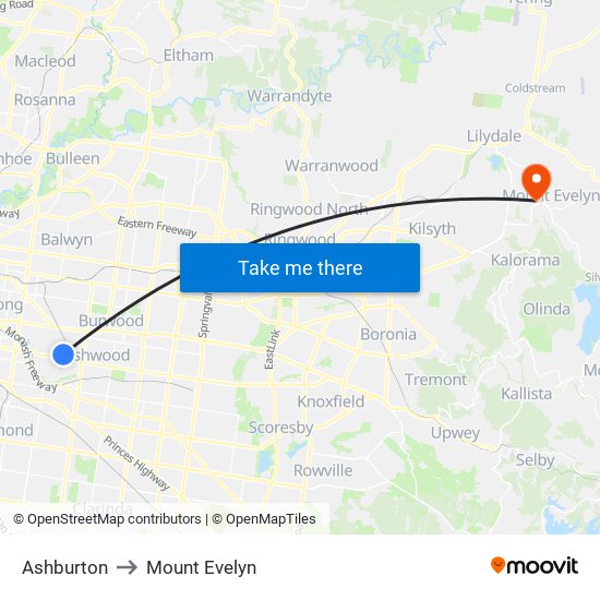 Ashburton to Mount Evelyn map