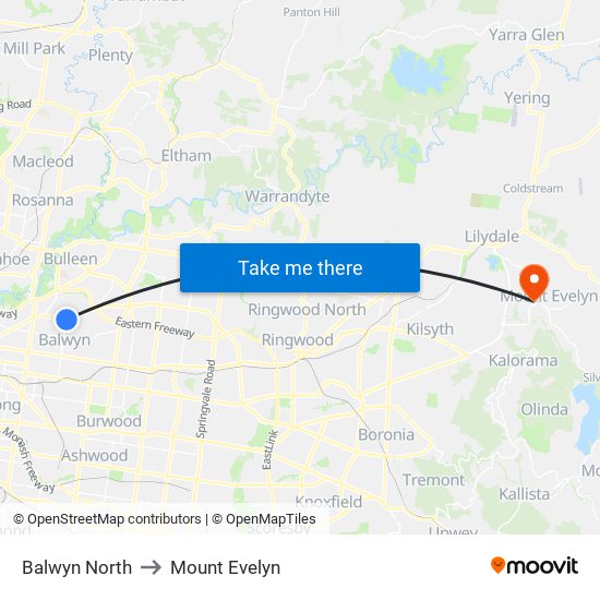 Balwyn North to Mount Evelyn map