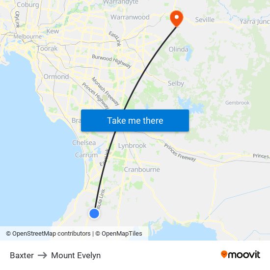 Baxter to Mount Evelyn map