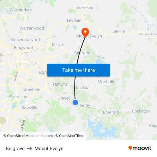 Belgrave to Mount Evelyn map