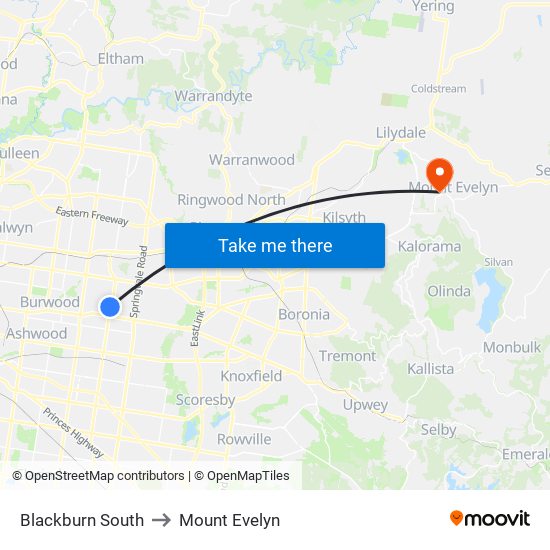 Blackburn South to Mount Evelyn map