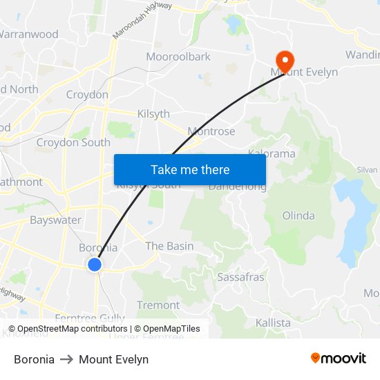 Boronia to Mount Evelyn map