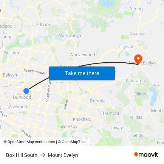 Box Hill South to Mount Evelyn map